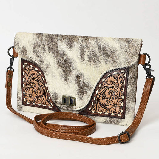 ADBG1497 Hair-On Cowhide & Tooled Leather Crossbody Clutch - Western Turn-Lock Flap