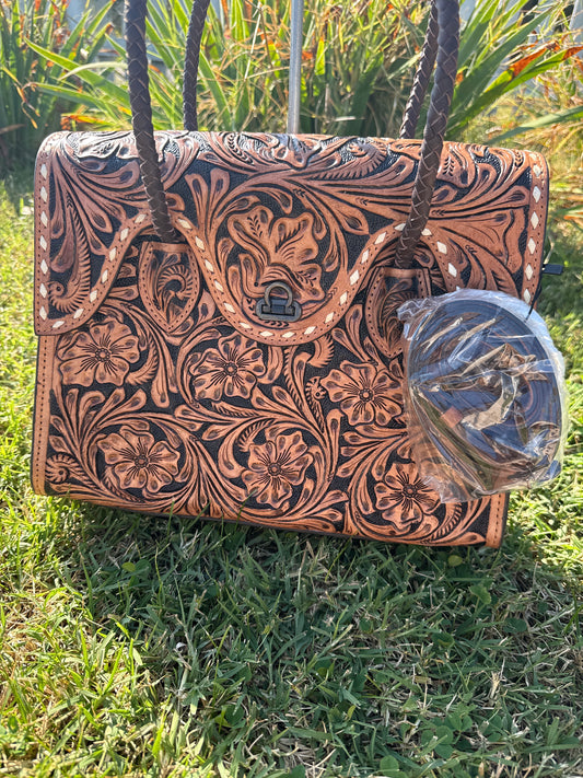Tooled leather tote  purse 
