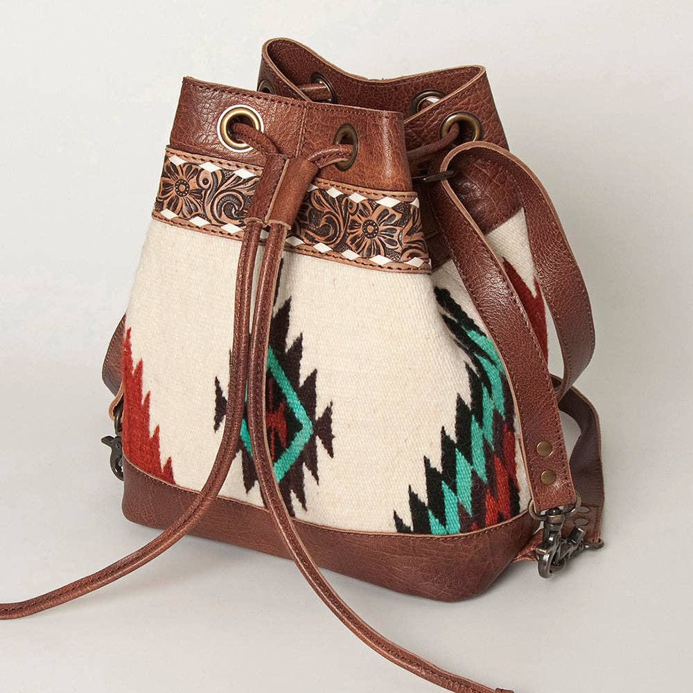 LC-ADBG862 Hand-Tooled Western Leather Bucket Bag with Wool Blanket Weave American Darling Drawstring Purse