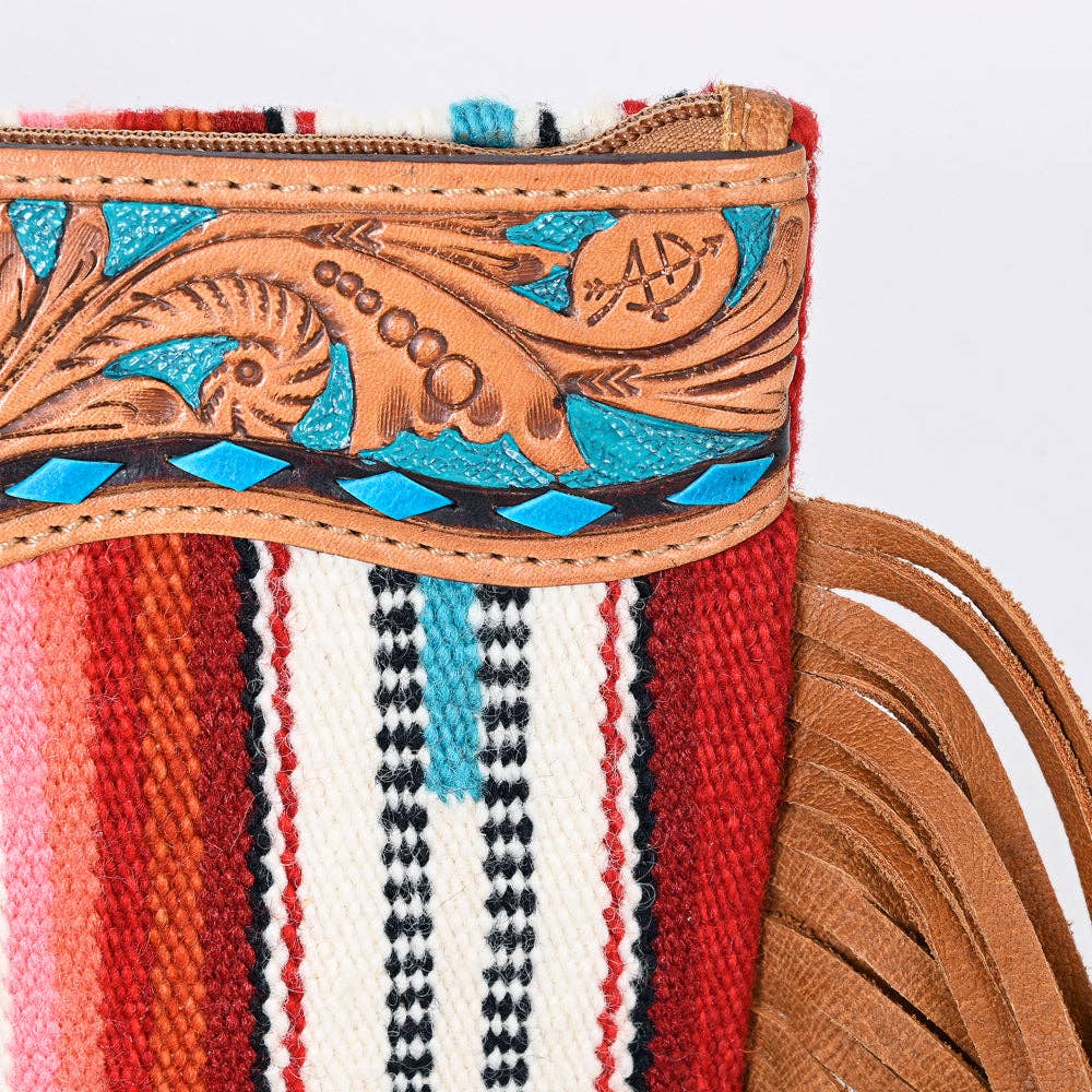 ADBG344 Southwestern Wool Wristlet Clutch with Tooled Leather Trim & Fringe Tassel