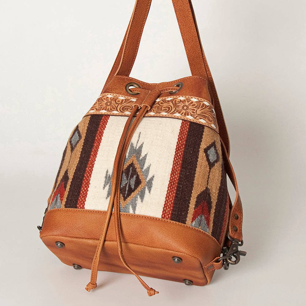 LC-ADBG862 Hand-Tooled Western Leather Bucket Bag with Wool Blanket Weave American Darling Drawstring Purse