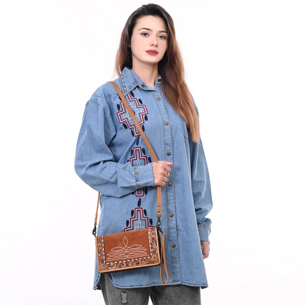 ADBG1653 Tan Suede & Tooled Leather Crossbody Bag with White Embroidery and Floral Border