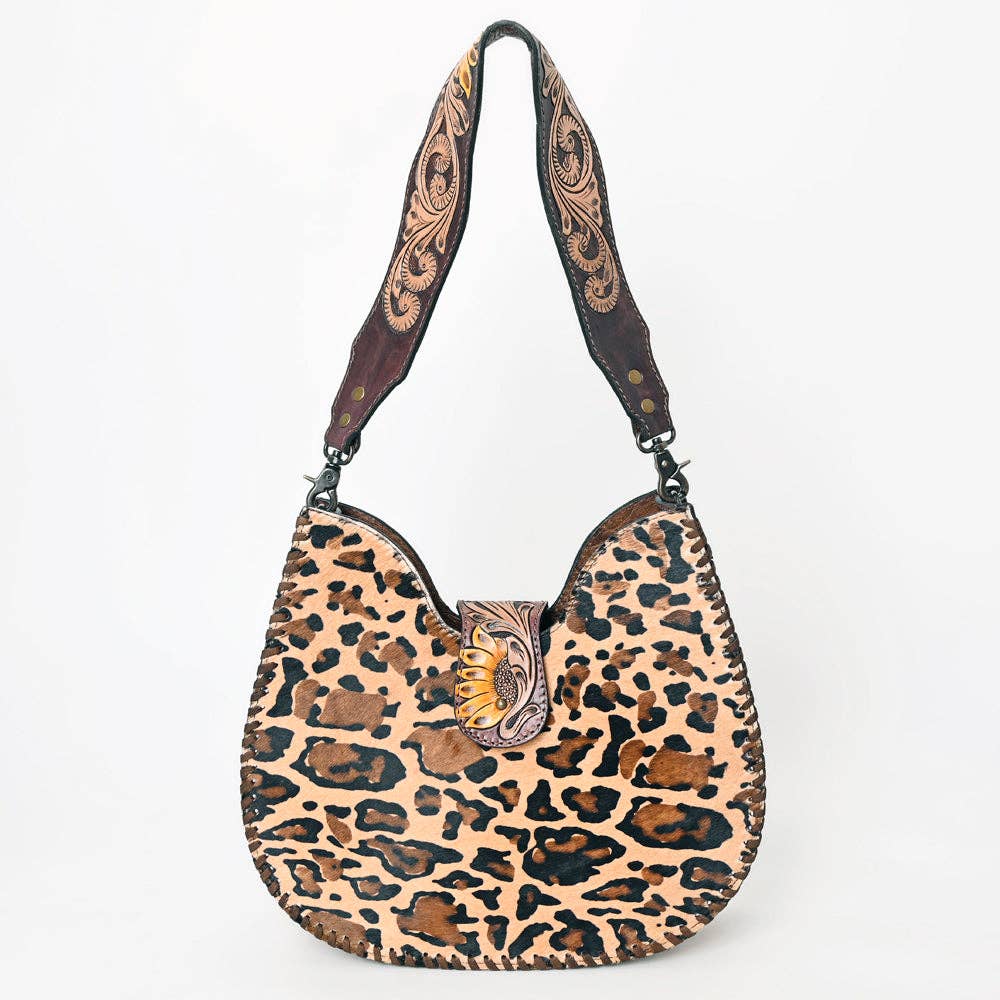 ADBG1075 Leopard Print Cowhide Hobo Bag with Tooled Feather Strap-Western Leather Shoulder Purse