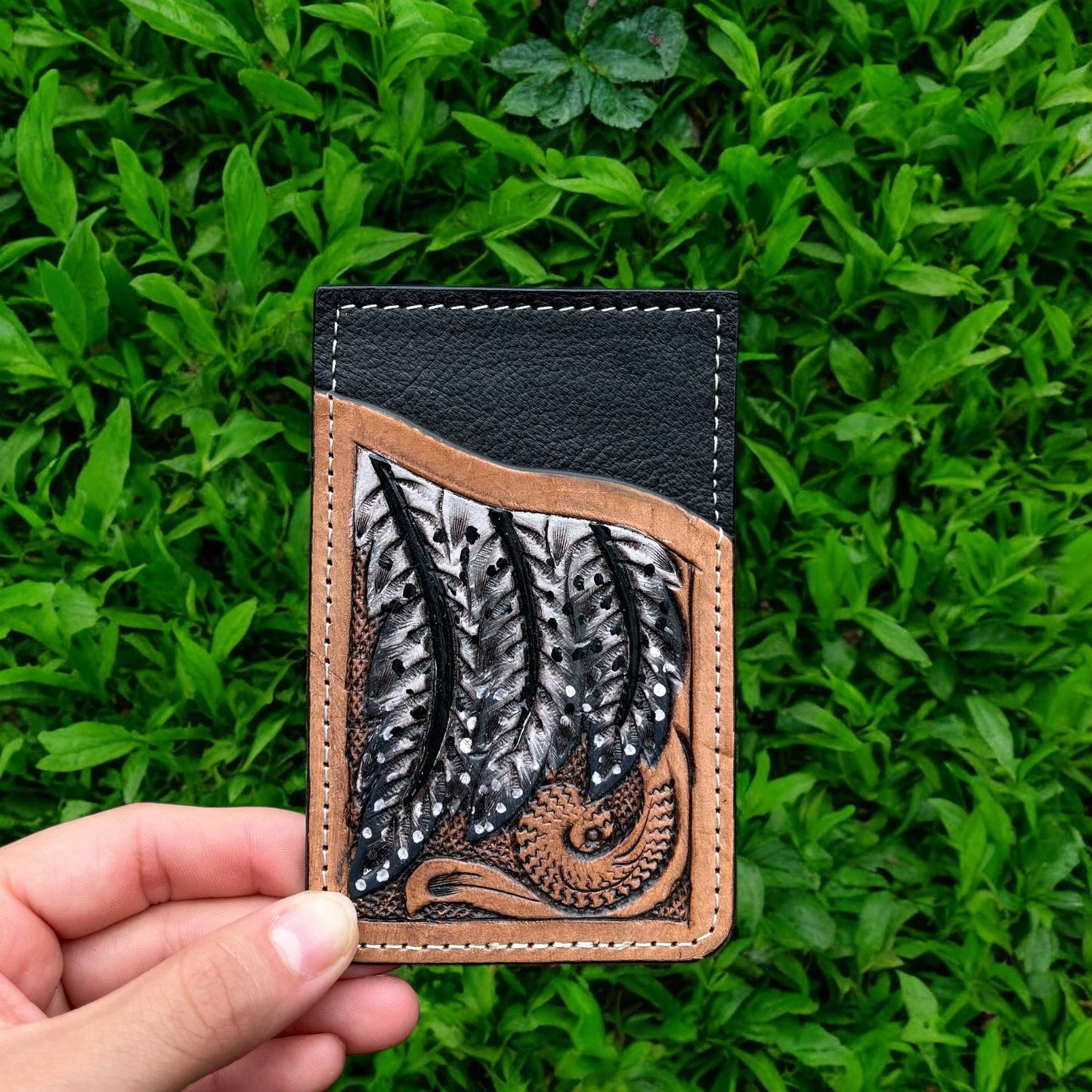 Feather tooled leather Card holder 