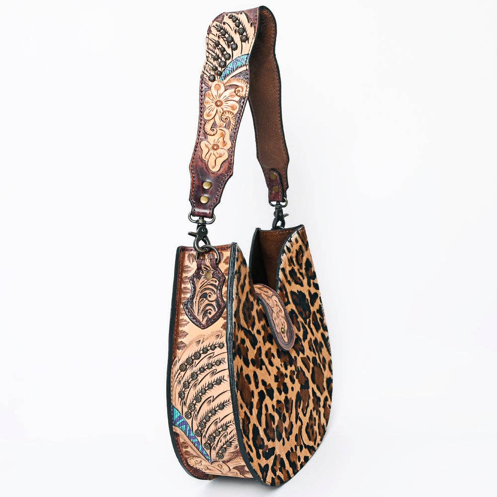 ADBG1075 Leopard Print Cowhide Hobo Bag with Tooled Feather Strap-Western Leather Shoulder Purse