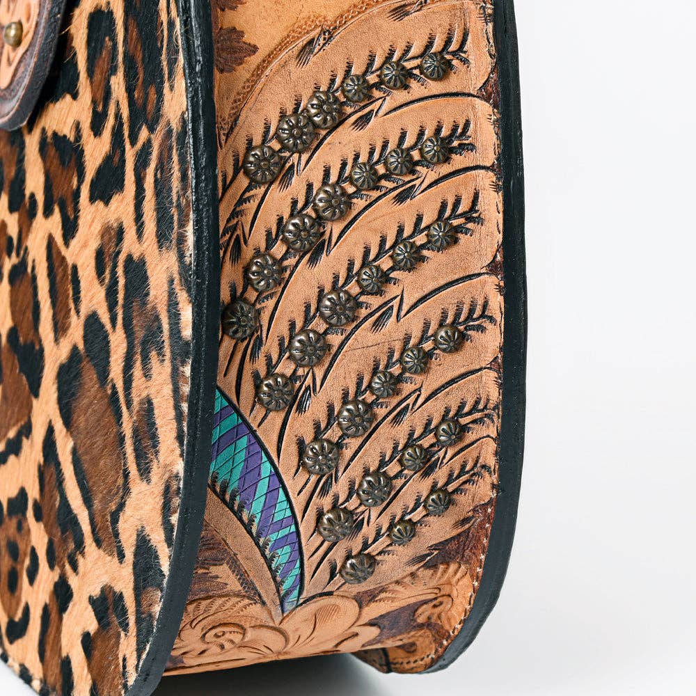 ADBG1075 Leopard Print Cowhide Hobo Bag with Tooled Feather Strap-Western Leather Shoulder Purse