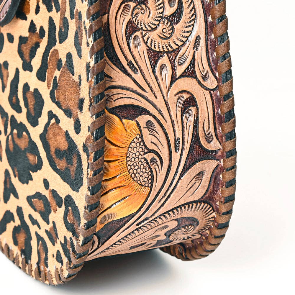 ADBG1075 Leopard Print Cowhide Hobo Bag with Tooled Feather Strap-Western Leather Shoulder Purse
