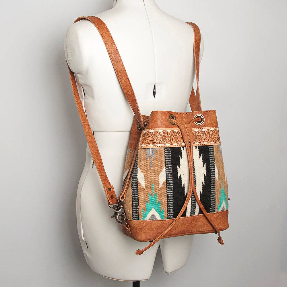 LC-ADBG862 Hand-Tooled Western Leather Bucket Bag with Wool Blanket Weave American Darling Drawstring Purse
