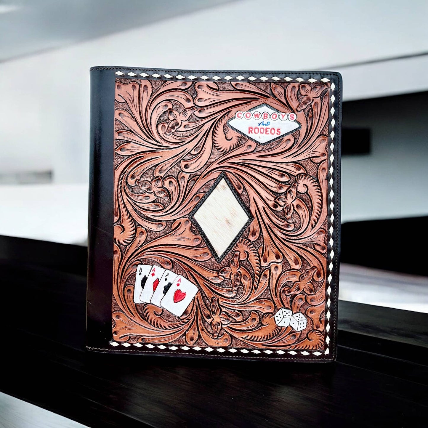 Vegas tooled leather & cowhide folder 