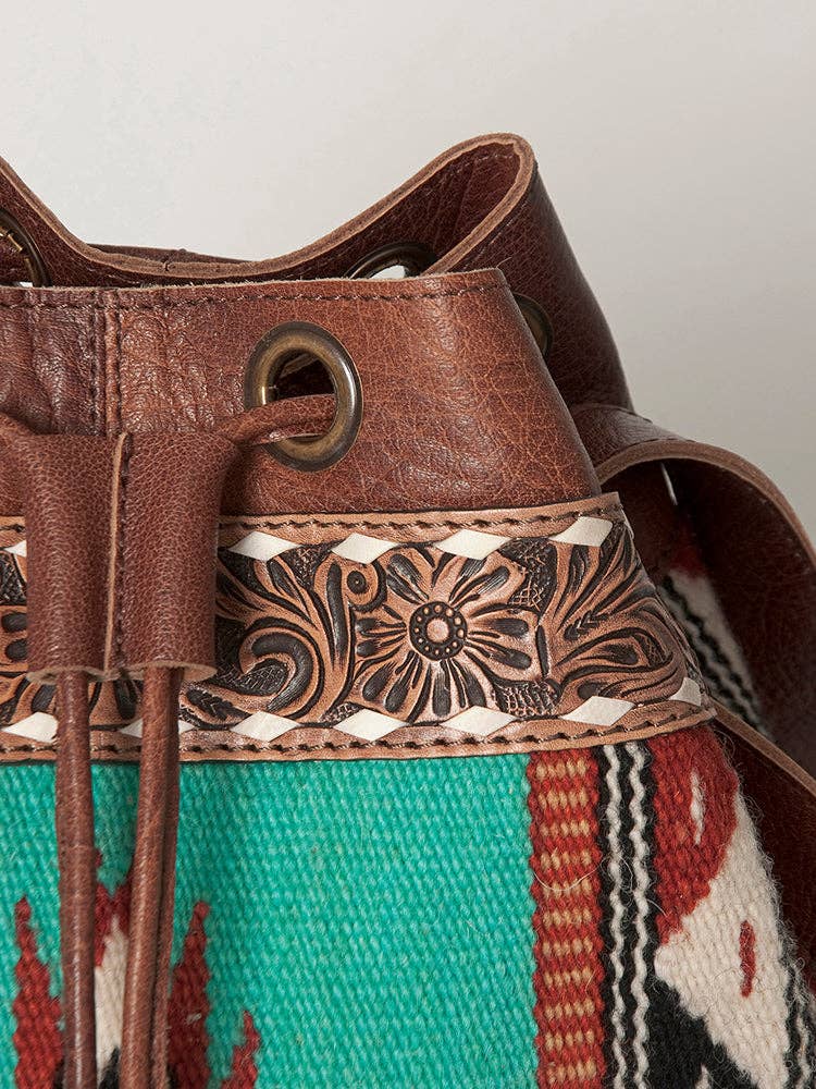 LC-ADBG862 Hand-Tooled Western Leather Bucket Bag with Wool Blanket Weave American Darling Drawstring Purse