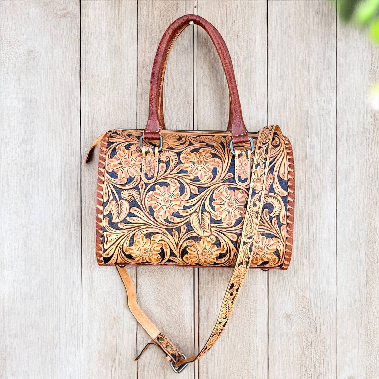Tan tooled leather speedy bag 