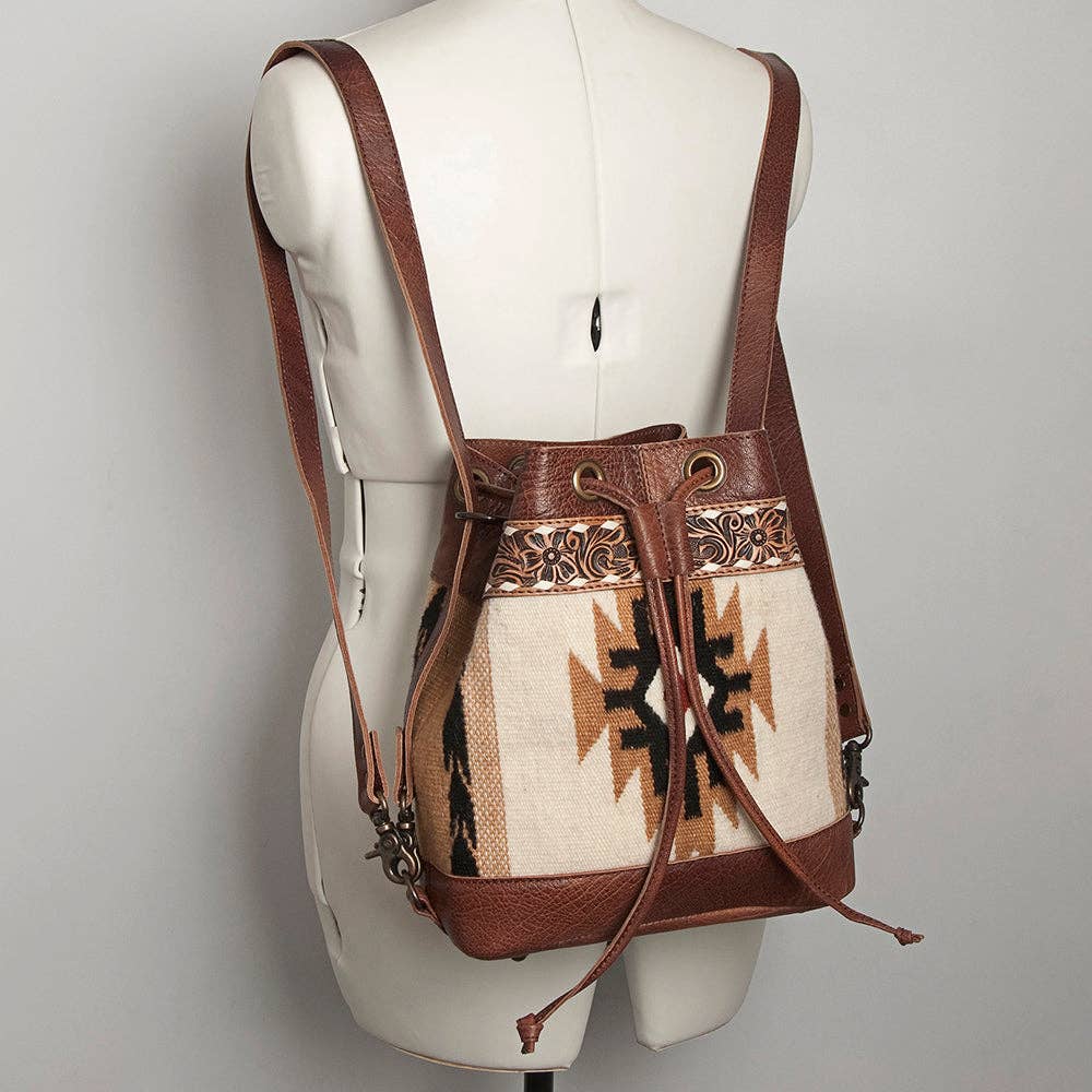 LC-ADBG862 Hand-Tooled Western Leather Bucket Bag with Wool Blanket Weave American Darling Drawstring Purse