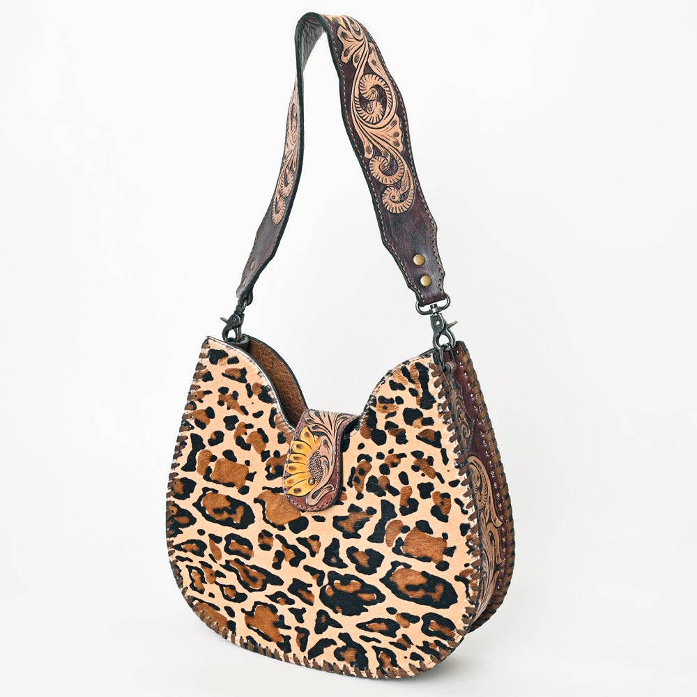 ADBG1075 Leopard Print Cowhide Hobo Bag with Tooled Feather Strap-Western Leather Shoulder Purse