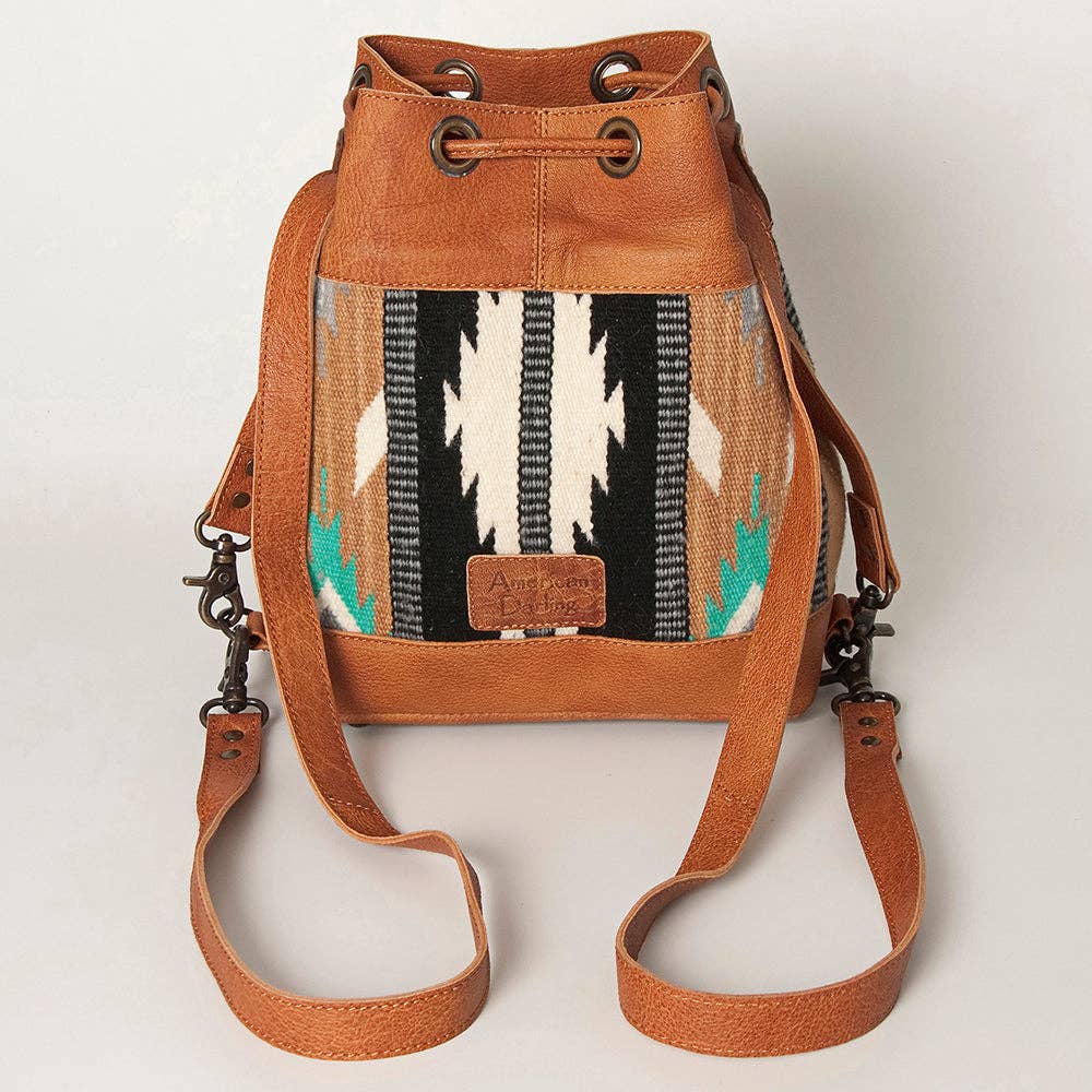 LC-ADBG862 Hand-Tooled Western Leather Bucket Bag with Wool Blanket Weave American Darling Drawstring Purse