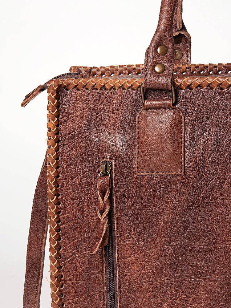 LC-ADBG229 Printed Hair-On Hide Leather Tote with Brown Strap and Stitch Detailing