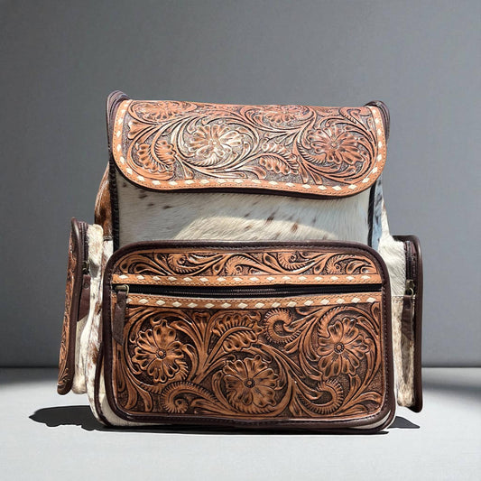 Brown tooled leather & cowhide backpack 