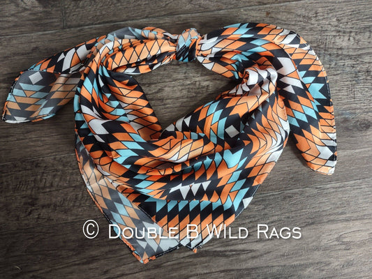 Wild Rag AZTEC 1010 Orange Light Blue and Black southwest Cowboy Western Neck Scarf Bandanna by Double B Wild Rags