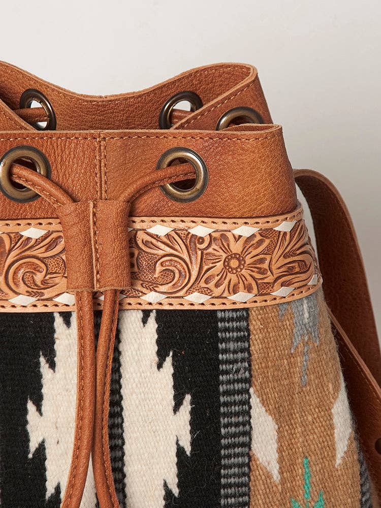 LC-ADBG862 Hand-Tooled Western Leather Bucket Bag with Wool Blanket Weave American Darling Drawstring Purse