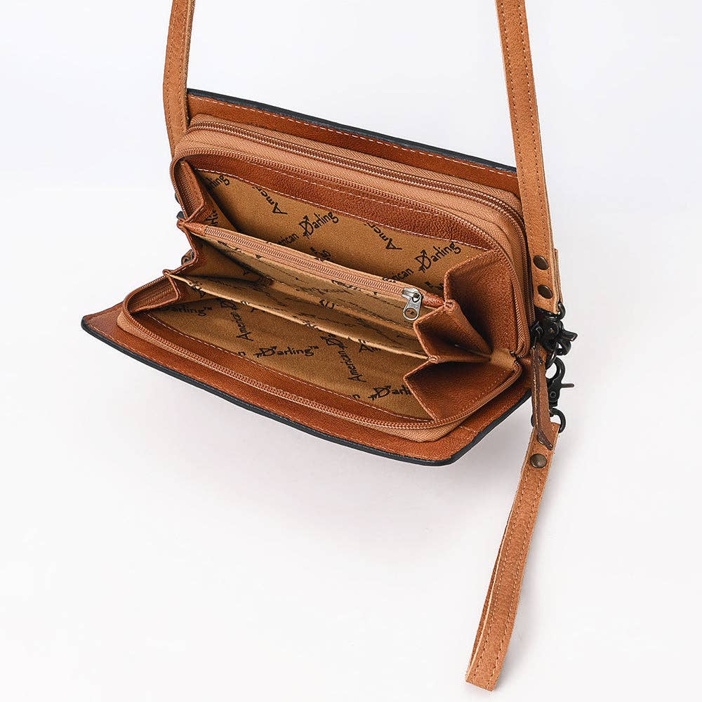 ADBG1653 Tan Suede & Tooled Leather Crossbody Bag with White Embroidery and Floral Border