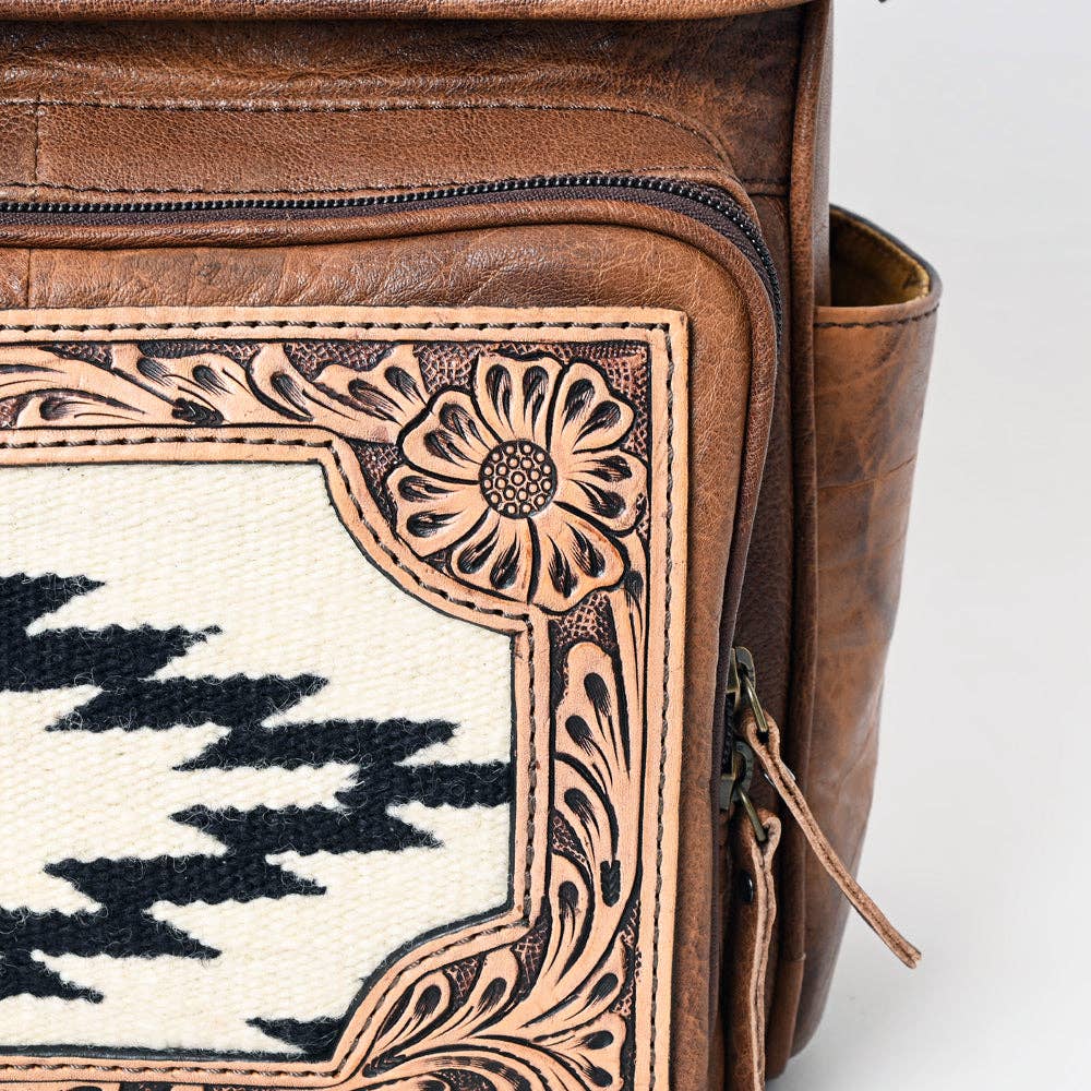 ADBG1088 Southwestern Tooled Leather Backpack-Woven Wool Panels & Top Handles